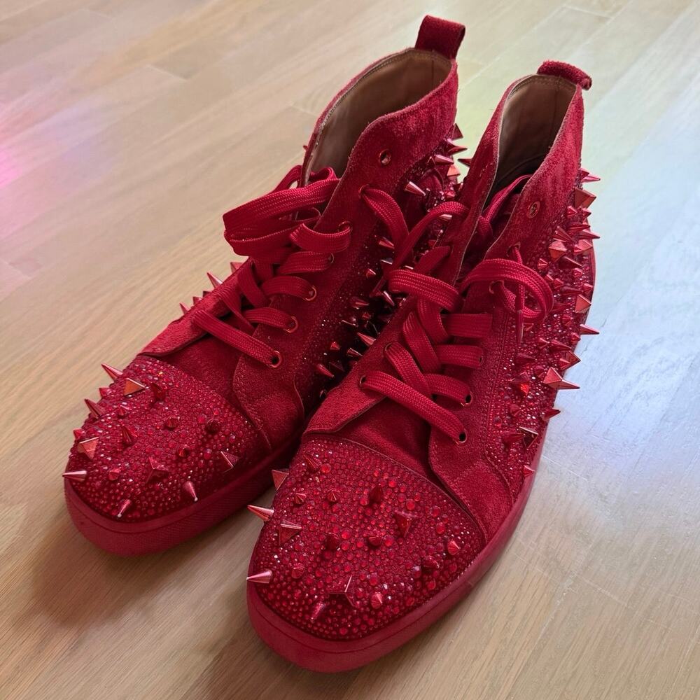 Christian Louboutin Red Spiked Swarovski High Top Sneakers Men’s EU 44
